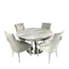 Arial 130cm Marble Round Dining Table With Shimmer Chrome Ring Knocker Chairs