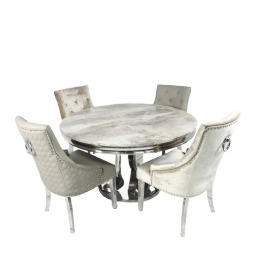 Arial 130cm Marble Round Dining Table With Shimmer Chrome Ring Knocker Chairs