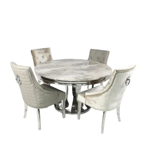 Arial 130cm Marble Round Dining Table With Shimmer Chrome Ring Knocker Chairs1