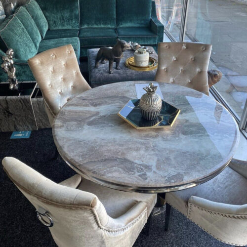 Arial 130cm Marble Round Dining Table With Shimmer Chrome Ring Knocker Chairs10