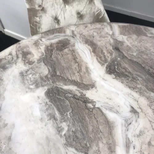 Arial 130cm Marble Round Dining Table With Shimmer Chrome Ring Knocker Chairs11