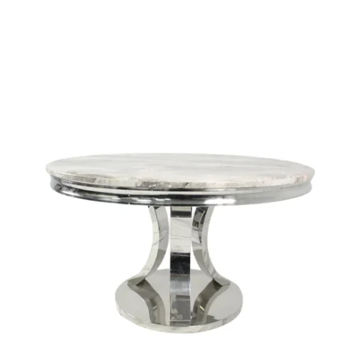 Arial 130cm Marble Round Dining Table With Shimmer Chrome Ring Knocker Chairs12
