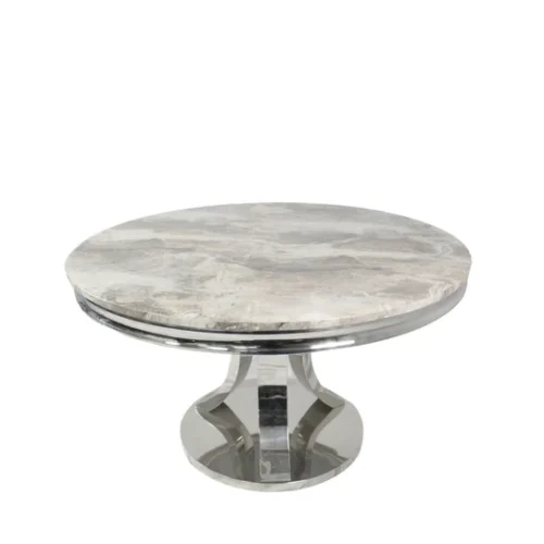 Arial 130cm Marble Round Dining Table With Shimmer Chrome Ring Knocker Chairs2