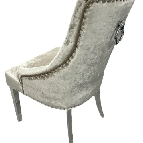 Arial 130cm Marble Round Dining Table With Shimmer Chrome Ring Knocker Chairs8