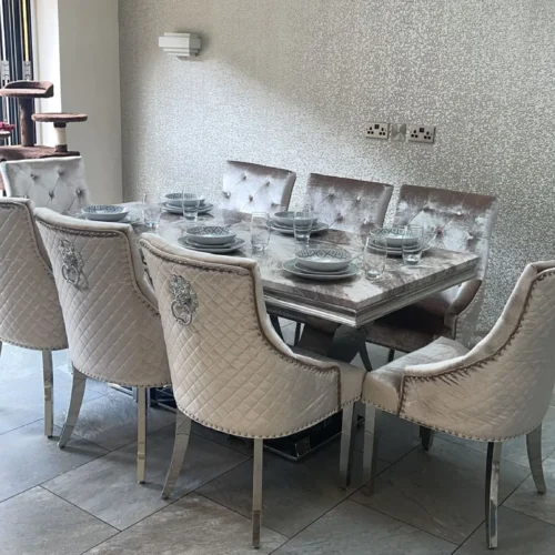 Arial Marble & Chrome Dining Table + Lion Knocker Velvet Chairs1