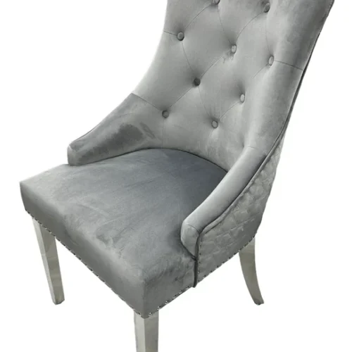 Arial Marble & Chrome Dining Table + Lion Knocker Velvet Chairs3