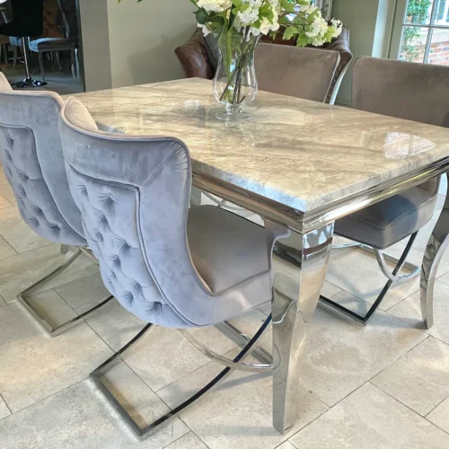 Louis 120cm Grey Marble Dining Table + Belgravia Grey Plush Velvet Button Dining Chairs