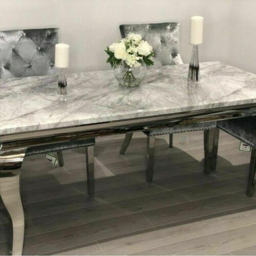 Louis 120cm Grey Marble Dining Table + Belgravia Grey Plush Velvet Button Dining Chairs1