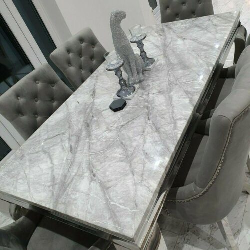 Louis 120cm Grey Marble Dining Table + Belgravia Grey Plush Velvet Button Dining Chairs2