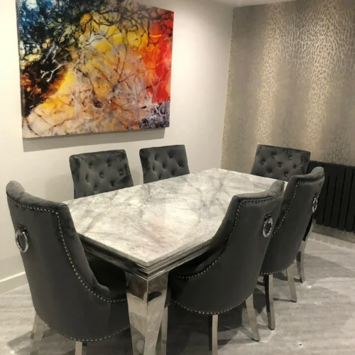 Louis 120cm Grey Marble Dining Table + Knightsbridge Dark Grey Knocker Plush Velvet Chairs
