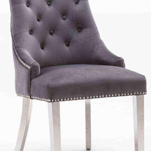 Louis 120cm Grey Marble Dining Table + Knightsbridge Dark Grey Knocker Plush Velvet Chairs10