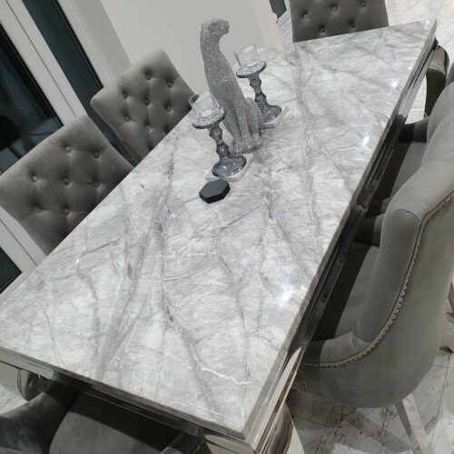 Louis 120cm Grey Marble Dining Table + Knightsbridge Dark Grey Knocker Plush Velvet Chairs2