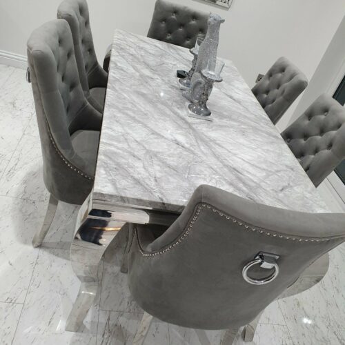 Louis 120cm Grey Marble Dining Table + Knightsbridge Dark Grey Knocker Plush Velvet Chairs3