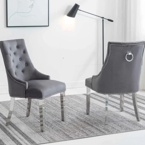 Louis 120cm Grey Marble Dining Table + Knightsbridge Dark Grey Knocker Plush Velvet Chairs5