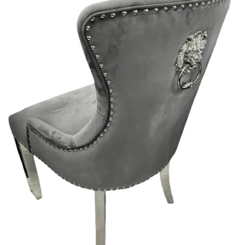 Louis 130cm Grey Marble Round Dining Table + Grey Lion Knocker Chairs1