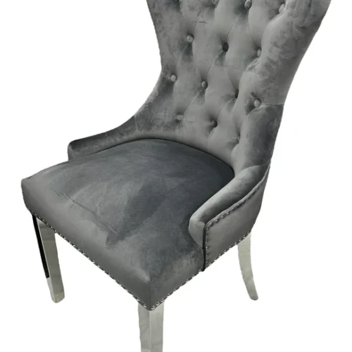 Louis 130cm Grey Marble Round Dining Table + Grey Lion Knocker Chairs2