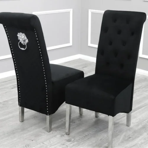 Louis 150cm Black Marble Dining Table + Lucy Black Lion Knocker Plush Velvet Chairs4