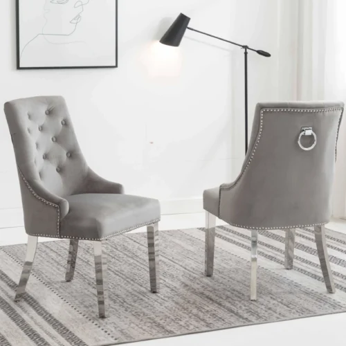 Louis 180cm Grey Marble Dining Table + Knightsbridge Light Grey Knocker Plush Velvet Chairs5