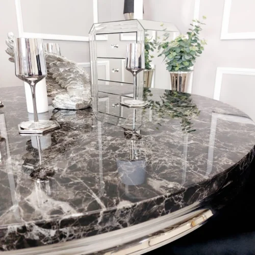 Louis Black Marble 130cm Round Dining Table + Black Lion Knocker Plush Velvet Chairs1