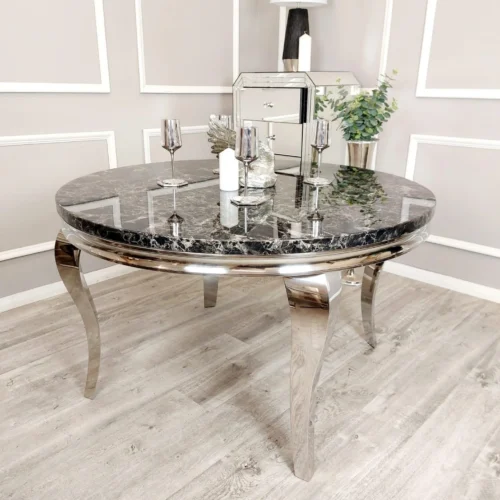 Louis Black Marble 130cm Round Dining Table + Black Lion Knocker Plush Velvet Chairs2