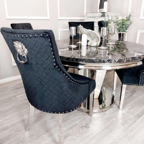 Louis Black Marble 130cm Round Dining Table + Black Lion Knocker Plush Velvet Chairs4