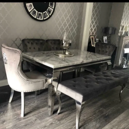 Louis Grey Marble 150cm Dining Table + Grey Lion Chairs, Bench Option1
