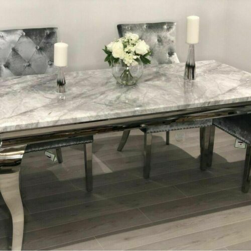 Louis Grey Marble 150cm Dining Table + Grey Lion Chairs, Bench Option6
