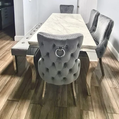 Louis Marble 160cm Dining Table + Victoria Grey Ring Chairs, Bench Option