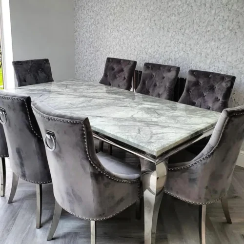 Louis Marble & Chrome Dining Table With Chrome Ring Knocker Velvet Chairs11