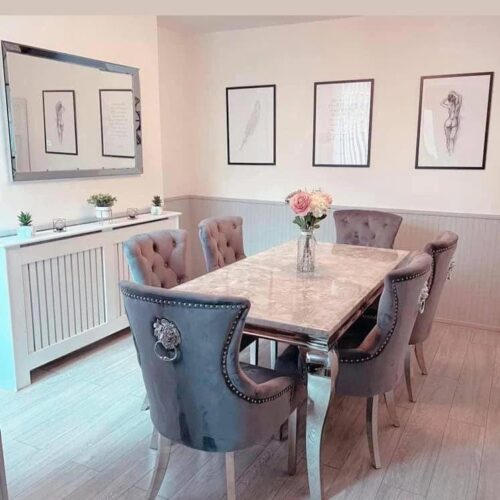 Louis Marble & Chrome Dining Table With Lion Knocker Velvet Chairs