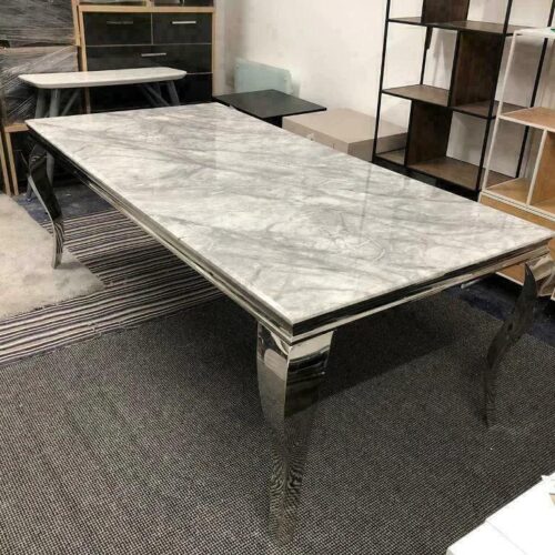 Louis Marble & Chrome Dining Table With Lion Knocker Velvet Chairs8