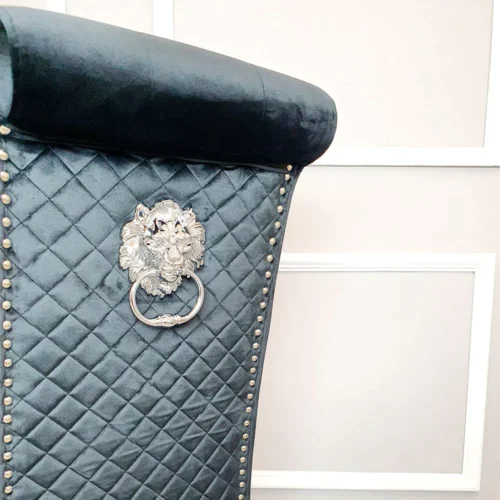 Louis Marble & Chrome Dining Table With Lucy Slim Quilted Lion Knocker Velvet Chairs7