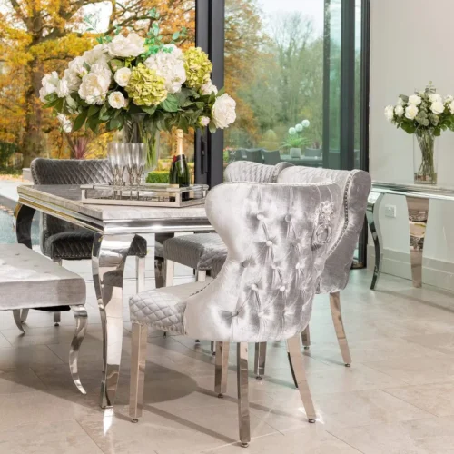 Louis Marble & Chrome Dining Table With Valente Lion Knocker Velvet Chairs & Bench