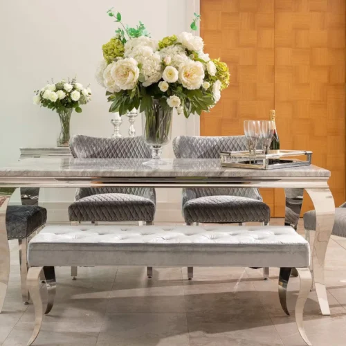 Louis Marble & Chrome Dining Table With Valente Lion Knocker Velvet Chairs & Bench2