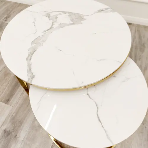 Cato Nest Of 2 Short Round Coffee Gold Tables With Polar White Sintered Stone Tops 2