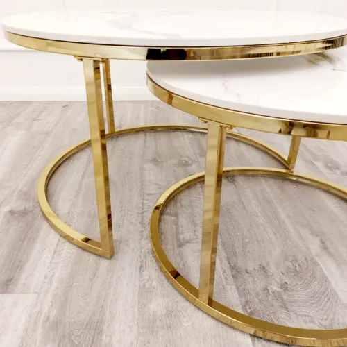 Cato Nest Of 2 Short Round Coffee Gold Tables With Polar White Sintered Stone Tops 3