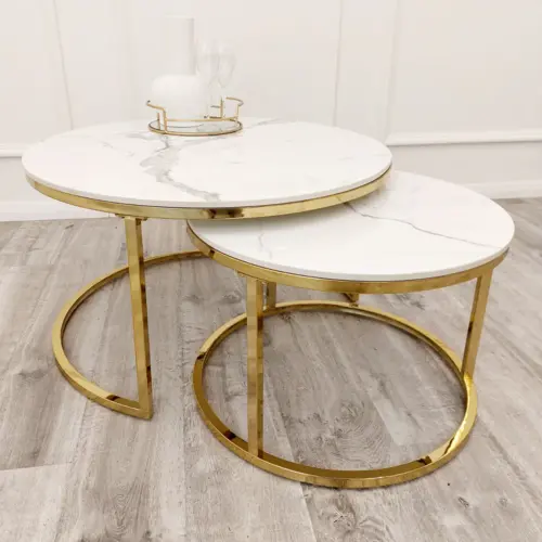 Cato Nest Of 2 Short Round Coffee Gold Tables With Polar White Sintered Stone Tops 4