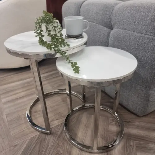 Cato Nest Of 2 Tall Silver End Tables With Polar White Sintered Stone Top 2