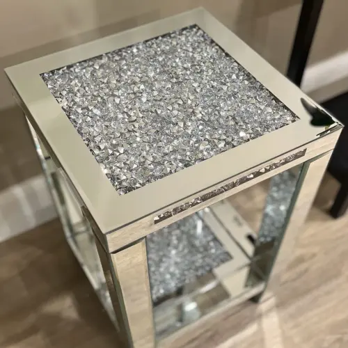 Diamond Crush Mirrored Glass 2 Tier Square Side Table End Table 60cm
