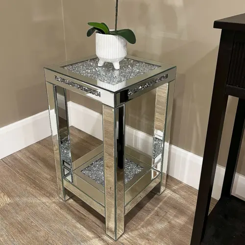 Diamond Crush Mirrored Glass 2 Tier Square Side Table End Table 60cm