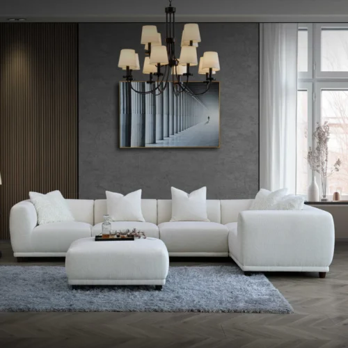 White Modular fabric sofa in a living room. Elegant setting