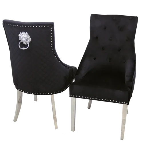 Bentley Black Velvet Dining Chair with Chrome Lion Knocker & Quilted Back