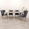 Louis 150cm Grey, Black Or White Marble Dining Table + 4 Chelsea Shimmer Grey Lion Knocker Plush Velvet Chairs