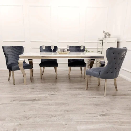 Louis 150cm Grey, Black Or White Marble Dining Table + 4 Chelsea Shimmer Grey Lion Knocker Plush Velvet Chairs