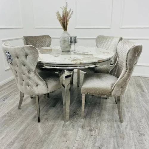 Louis 130cm Round Pandora Bronze Marble Chrome Dining Table And Valente Shimmer Lion Dining Chairs