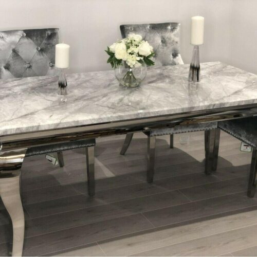 Louis 120cm Grey Marble Dining Table + Knightsbridge Dark Grey Knocker Plush Velvet Chairs