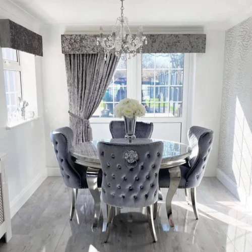 Louis 130cm Grey Marble Round Dining Table + Chelsea Grey Lion Button Chairs