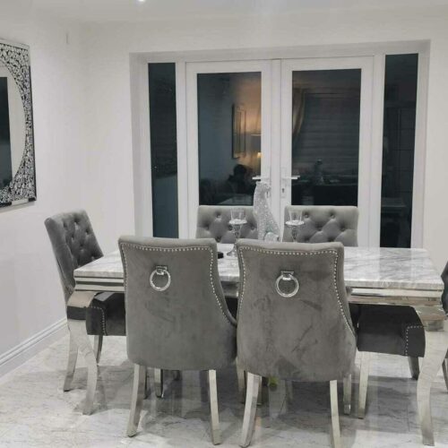 Louis 160cm Grey Marble Dining Table + Knightsbridge Light Grey Knocker Plush Velvet Chairs