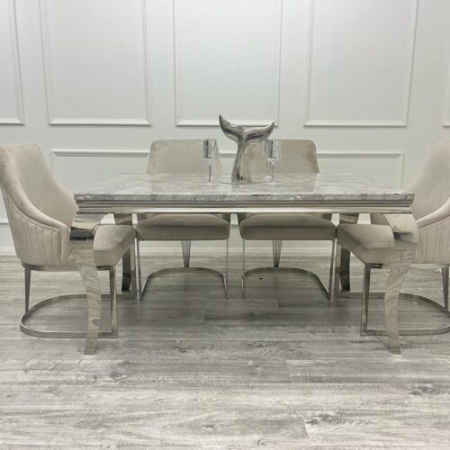 Louis Marble & Chrome Dining Table With Carlton Beige/Chrome Velvet Chairs