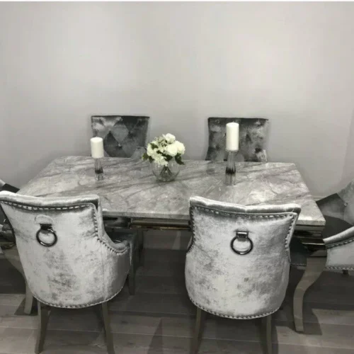 Louis Marble & Chrome Dining Table With Chrome Ring Knocker Velvet Chairs